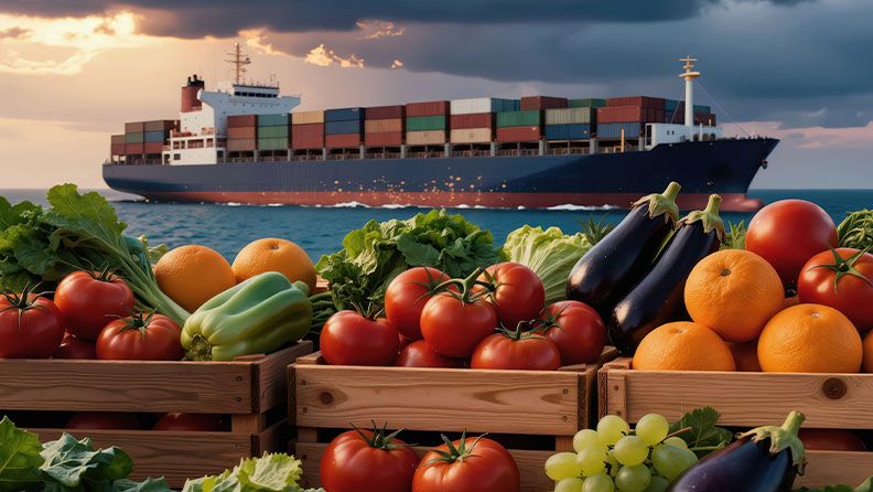 Barco de carga en el mar con cajas de madera llenas de frutas y verduras.