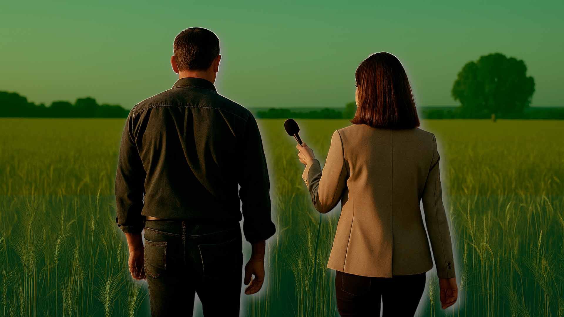 Una mujer con un micrófono y un hombre en un campo.