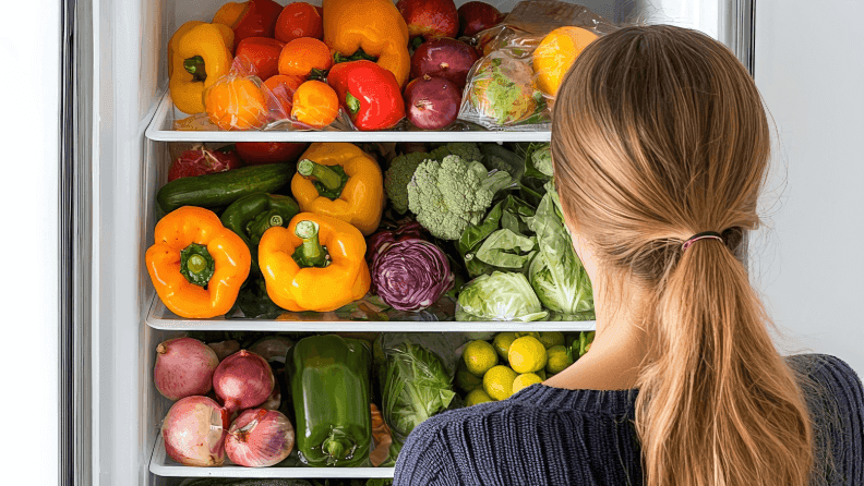 Una mujer observa su frigorífico repleto de frutas y hortalizas.