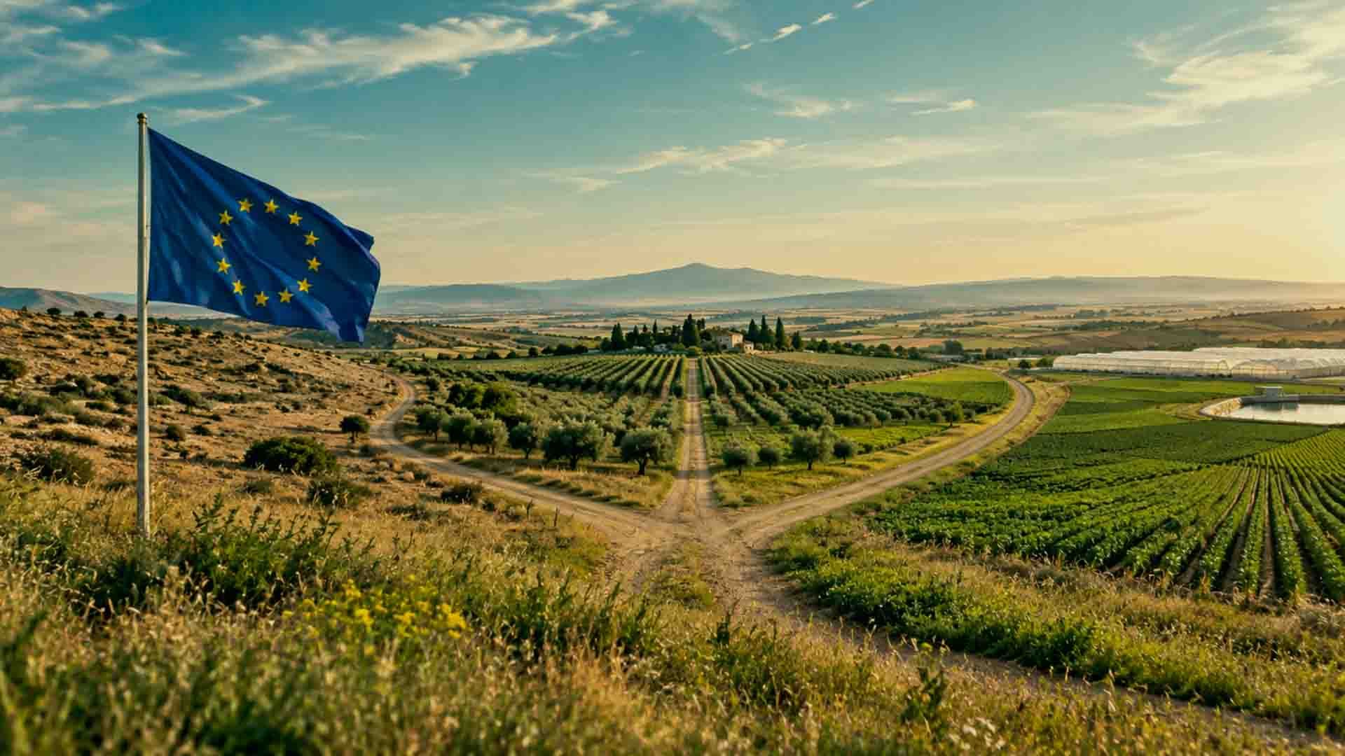 Un paisaje con una bandera europea flotando en el aire, rodeado de árboles y caminos.