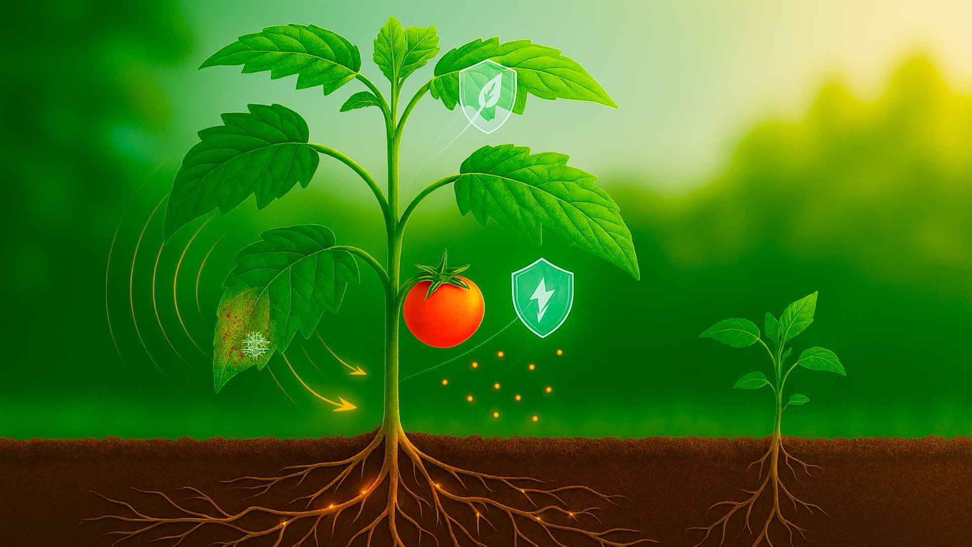 Planta de tomate protegida contra plagas y enfermedades en crecimiento saludable.