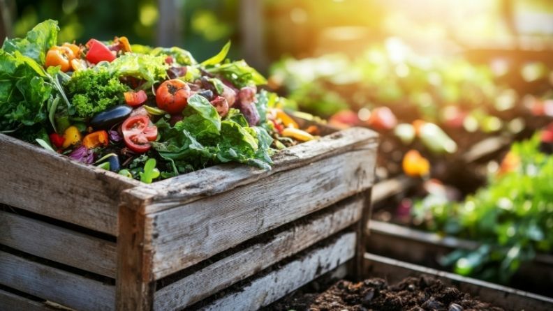Cajón de madera con frutas y hortalizas desechadas, listas para compostaje, símbolo del desperdicio alimentario