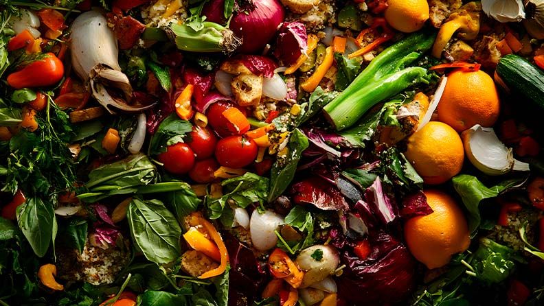 Diversos desechos de frutas y verduras en un montón de basura.