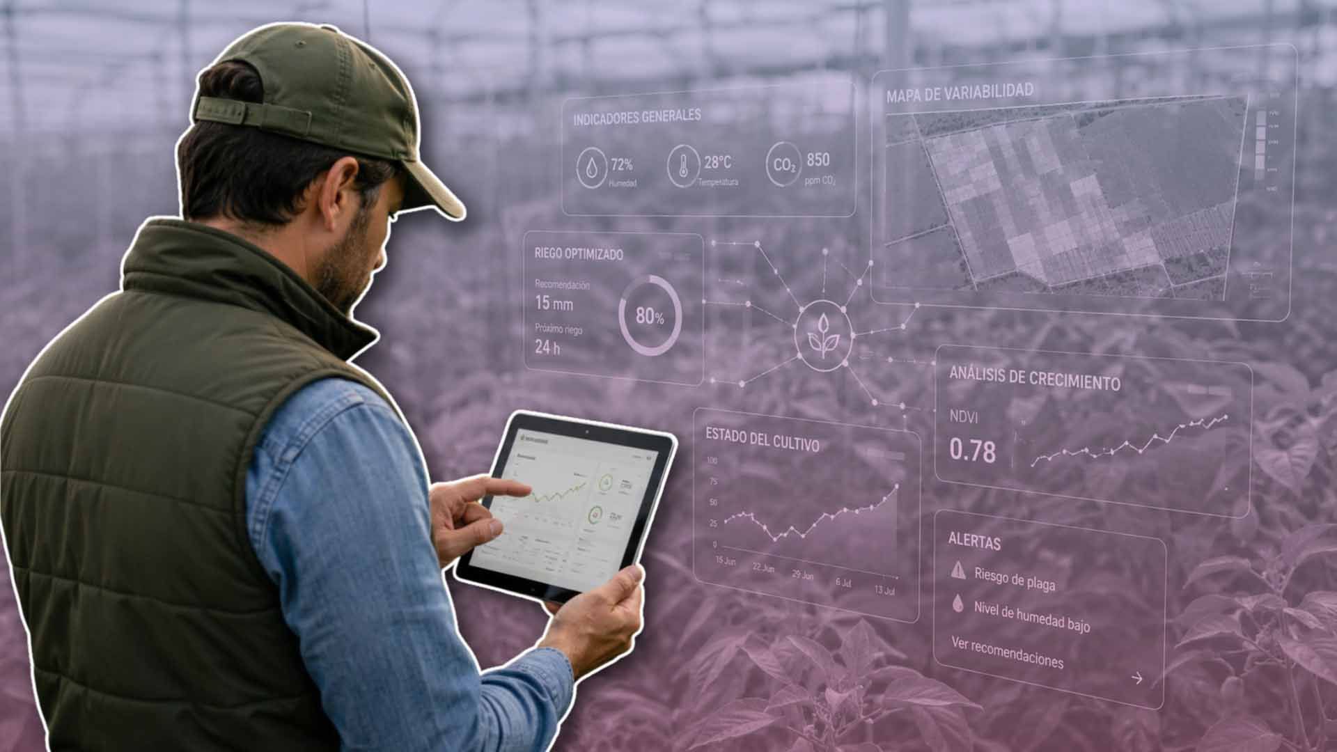 Agricultor supervisa cultivos en tablet con datos de agricultura de precisión.