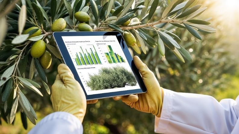 Agricultor con tablet analizando datos de sensores y agricultura de precisión en un olivar
