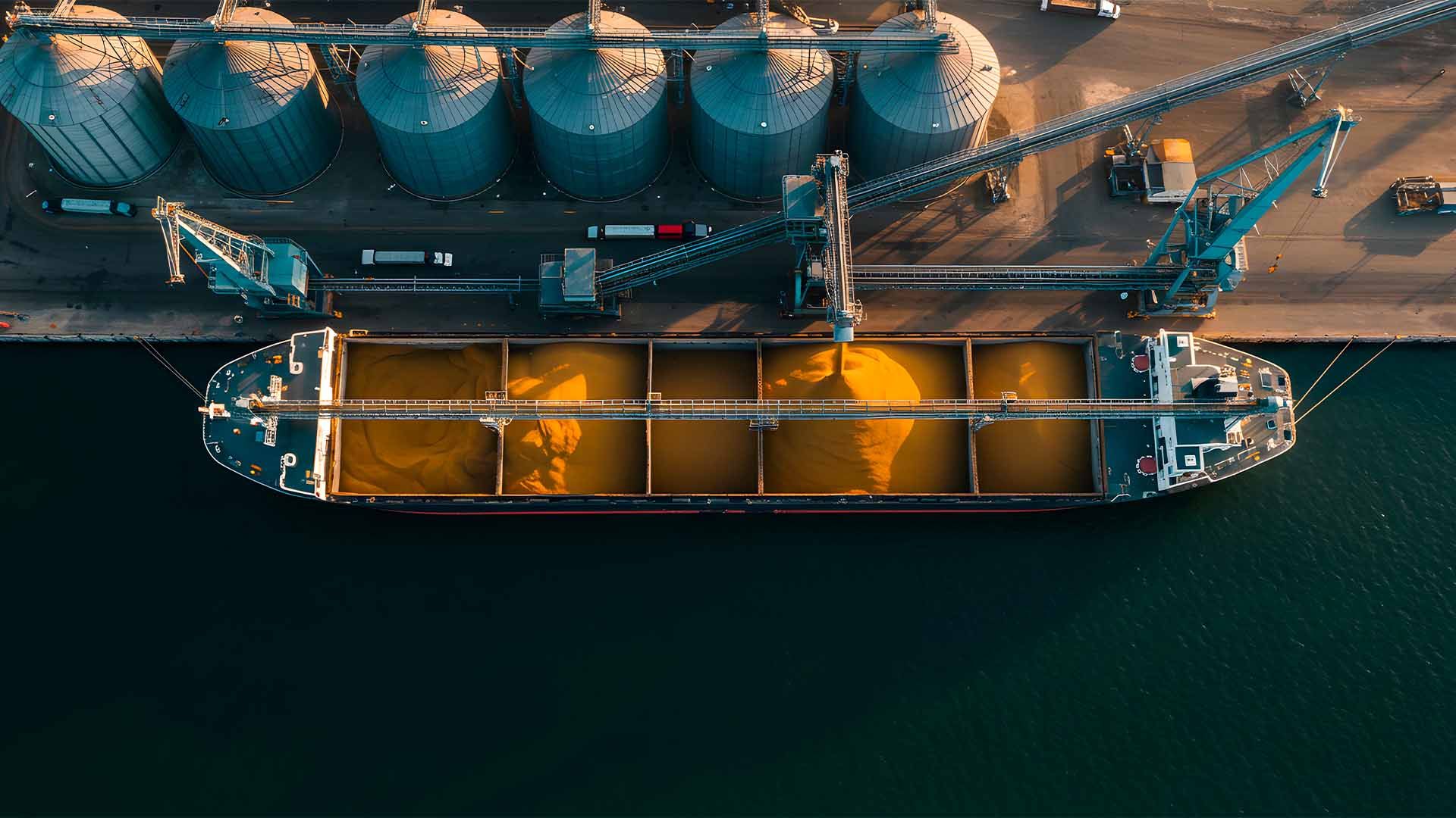 Vista aérea de un barco cargando grano en el puerto.