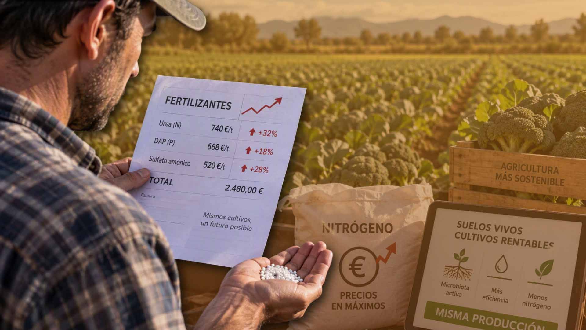 Agricultor revisa costos de fertilizantes en campo con coles, sostenibilidad.