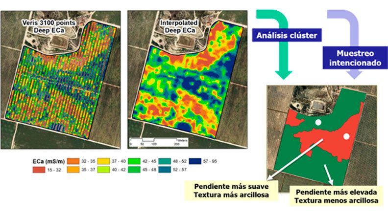 Figura 4. Medidas discretas de conductividad eléctrica aparente del suelo (izquierda). Mapa interpolado de conductividad eléctrica aparente (centro). Clasificación del mapa en dos clases de suelo (derecha) y ubicación óptima de los dos sensores de humedad (puntos blancos). Fuente: GRAP.