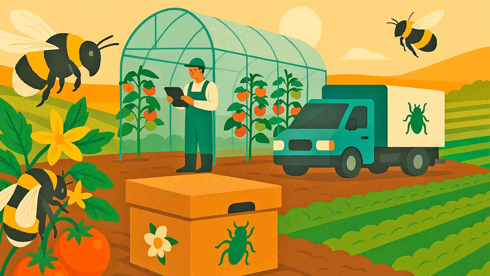 Agricultor en invernadero con abejas y camión de control de plagas.