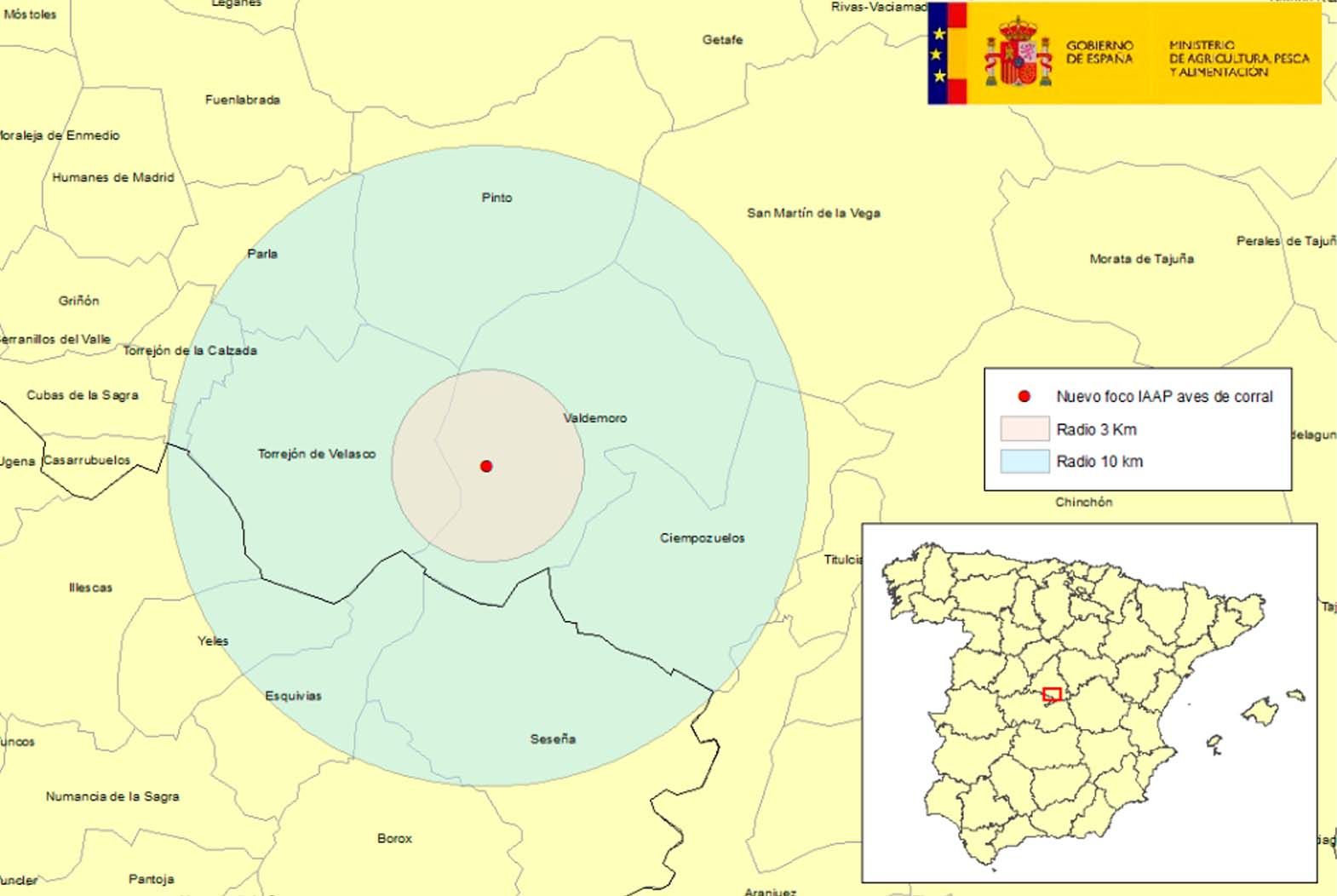 Localización del foco de IAAP en aves de corral en Valdemoro, provincia de Madrid.