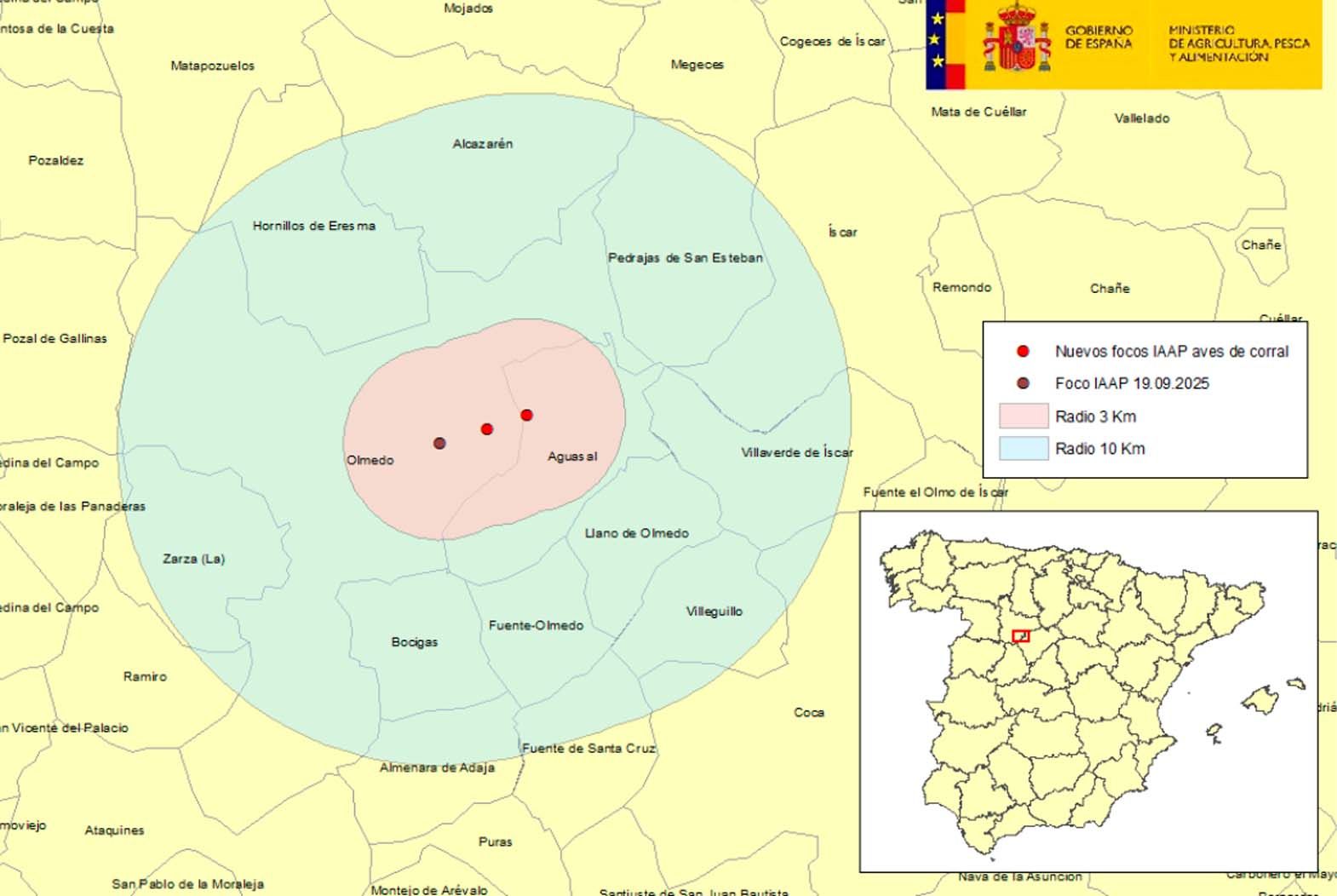 Localización de los dos focos de IAAP en aves de corral en la provincia de Valladolid, detectados en la zona de protección del anterior foco confirmado el 19.09.2025.