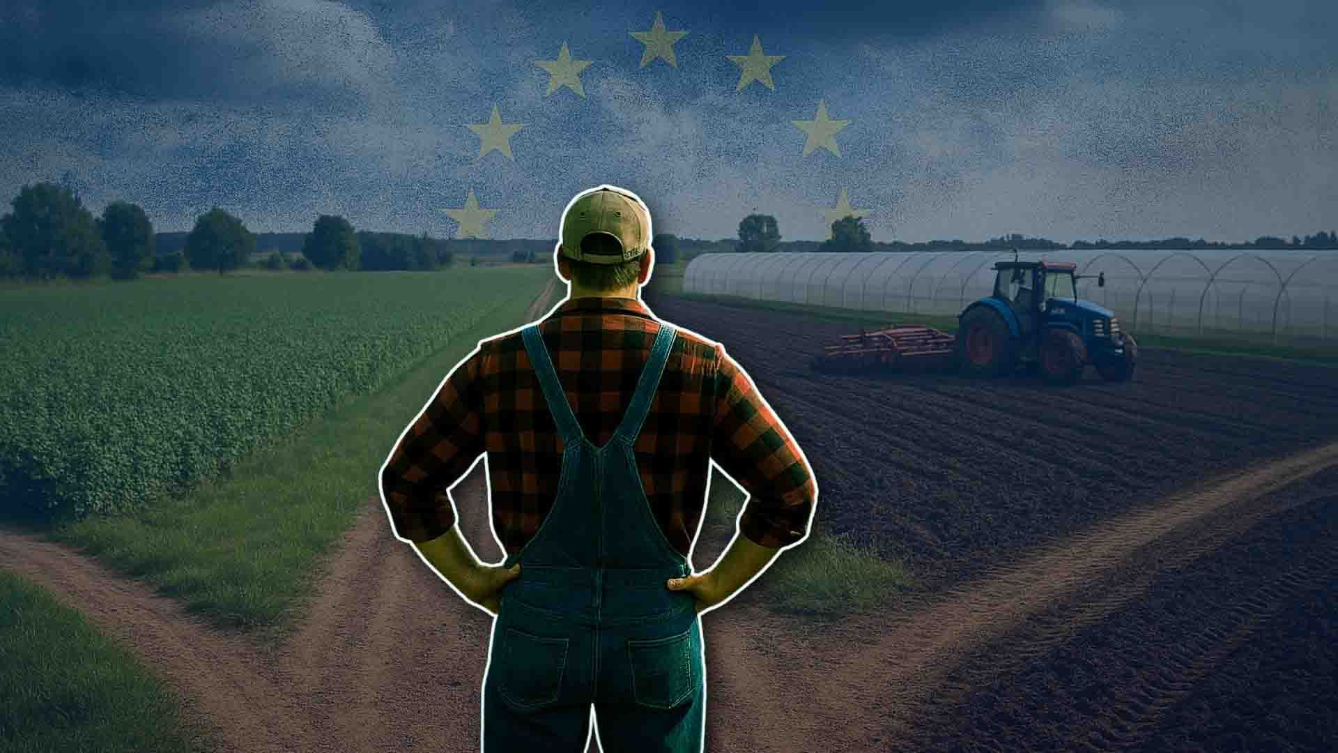 Un granjero mirando al tractor en un campo de cultivo con estrellas de la Unión Europea.