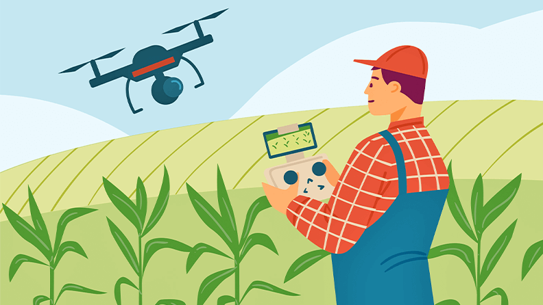 Ilustración de un agricultor con tecnologías digitales aplicadas en su finca.