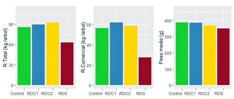  Fig. 3. Efecto de las estrategias de riego deficitario sobre el rendimiento total y comercial, peso medio, destrío rajado y albardados. * (% Peso): porcentaje del peso respecto al rendimiento total.