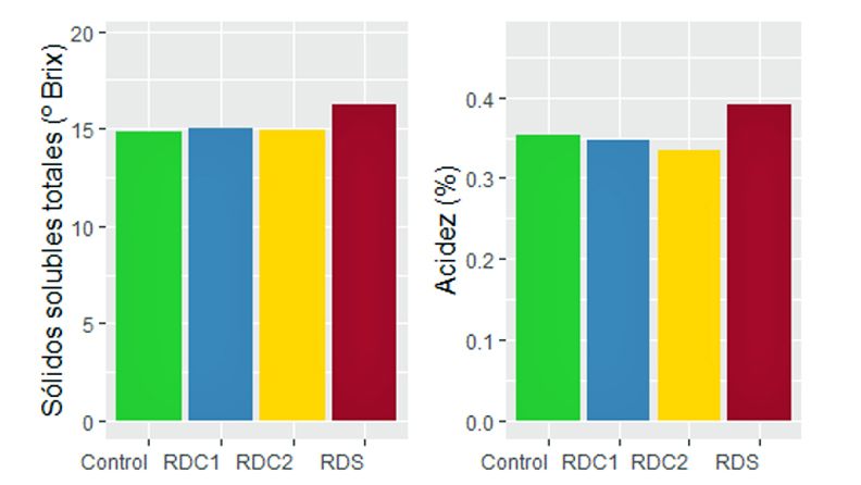 Fig. 4. Efecto de las estrategias de riego deficitario sobre el contenido en sólidos solubles totales (expresado en º Brix) y la acidez (expresada en % ácido cítrico).