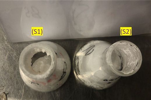 Figura 6. Pruebas de retención de suelo en hidrogel SMS, S1, 0,5 M de hidrogel SMS, S2, 0,75 M de hidrogel SMS.