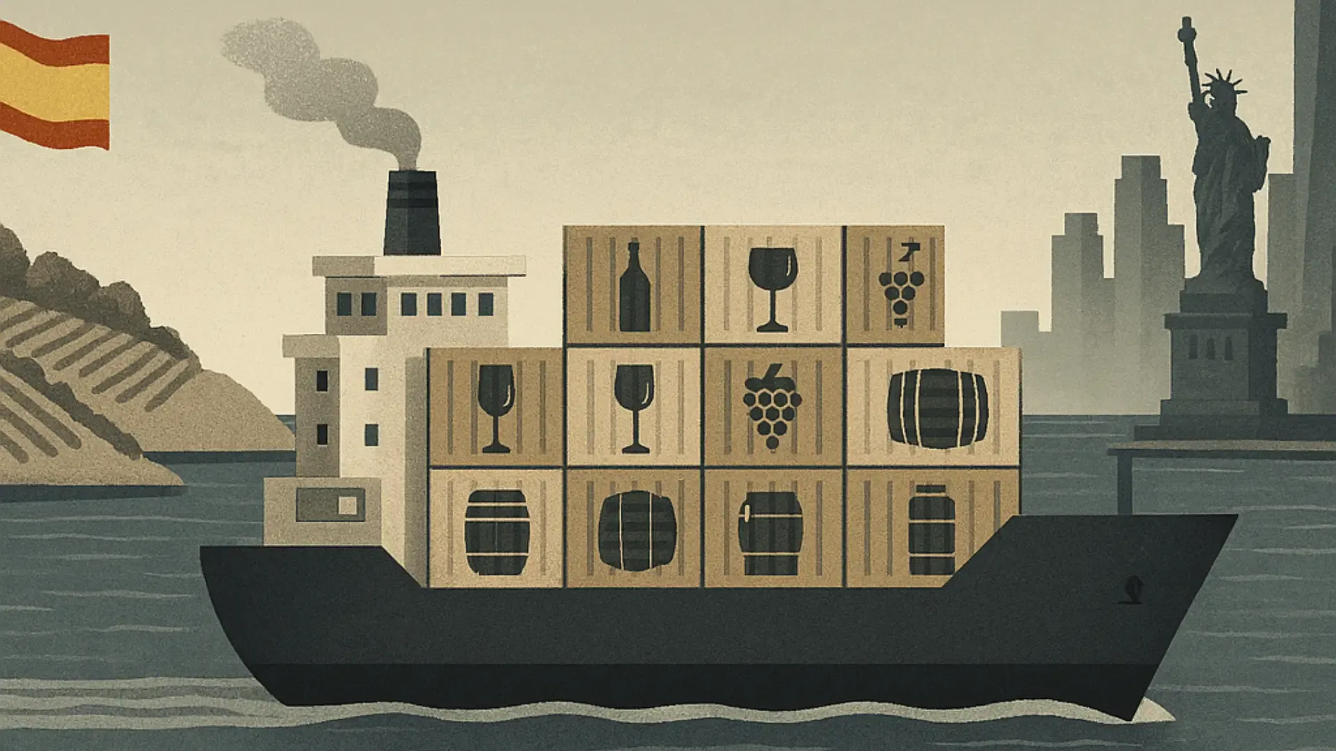 Ilustración que representa la exportación de vino español a Estados Unidos.
