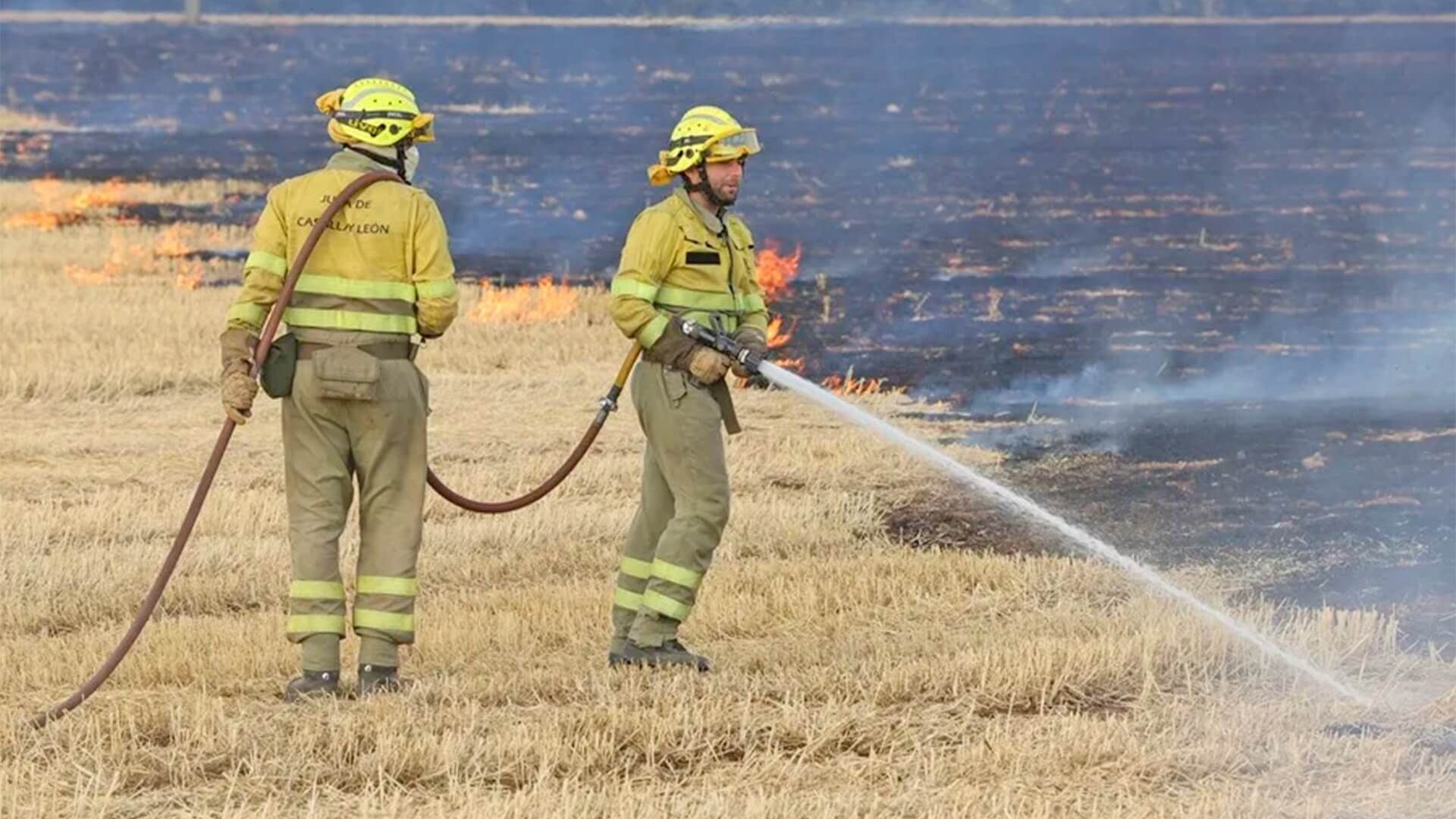 Efectivos del Cuerpos de Bomberos de Ciudad Rodrigo trabajan en las labores de extinción del incendio en una tierra., en una imagen de archivo. EFE/J.M.García