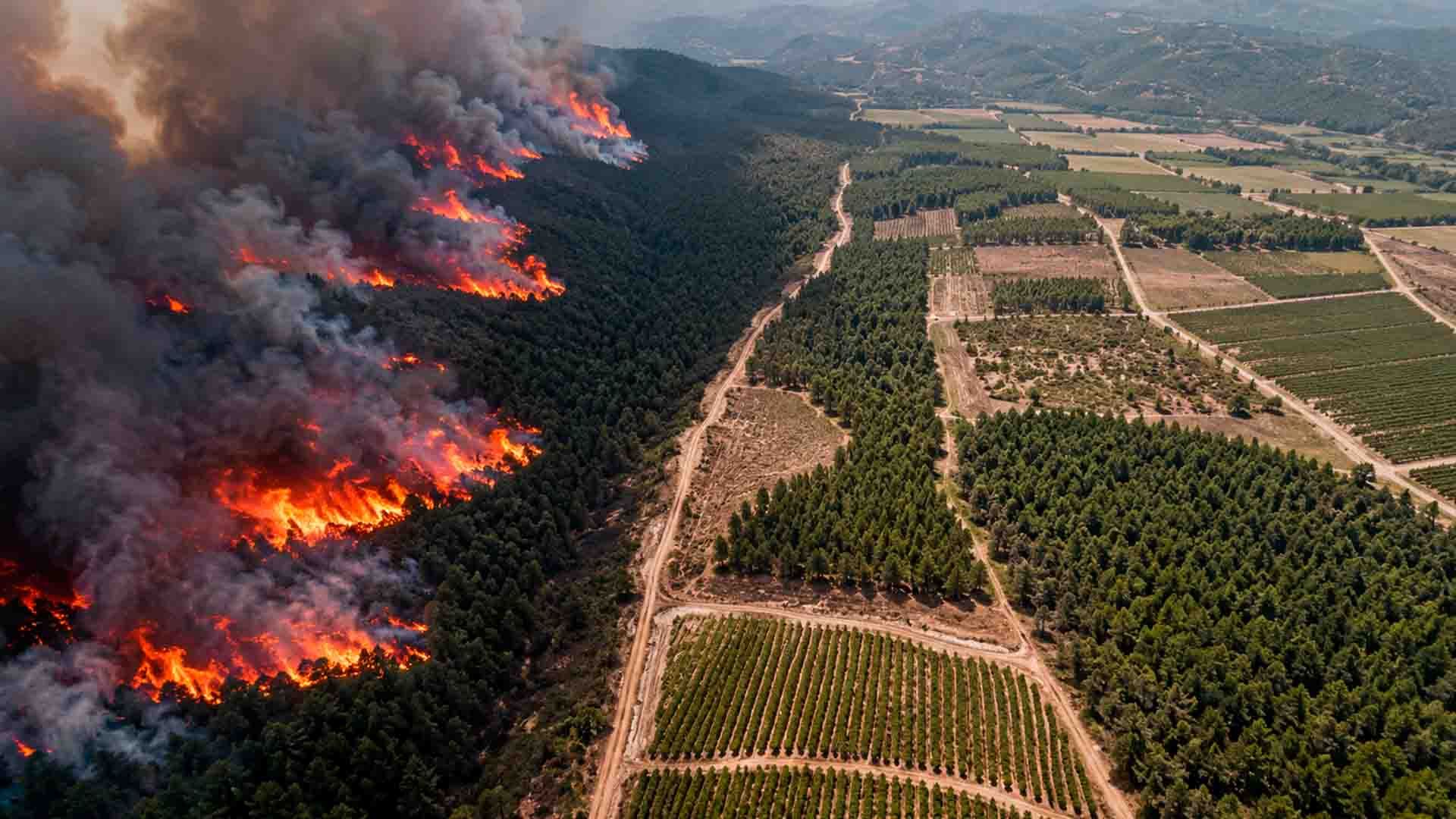 Incendio forestal masivo con humo denso devora bosque, mientras campos verdes resisten.