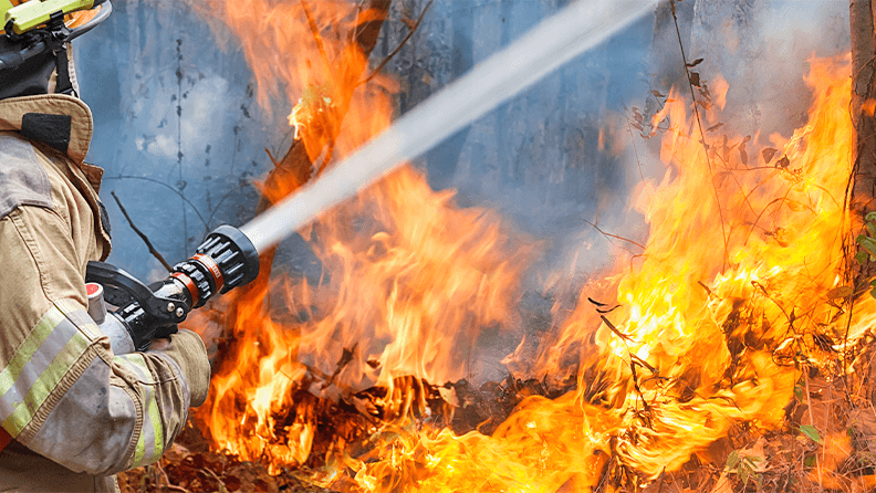 Primer plano de un bombero actuando para extinguir un incendio forestal