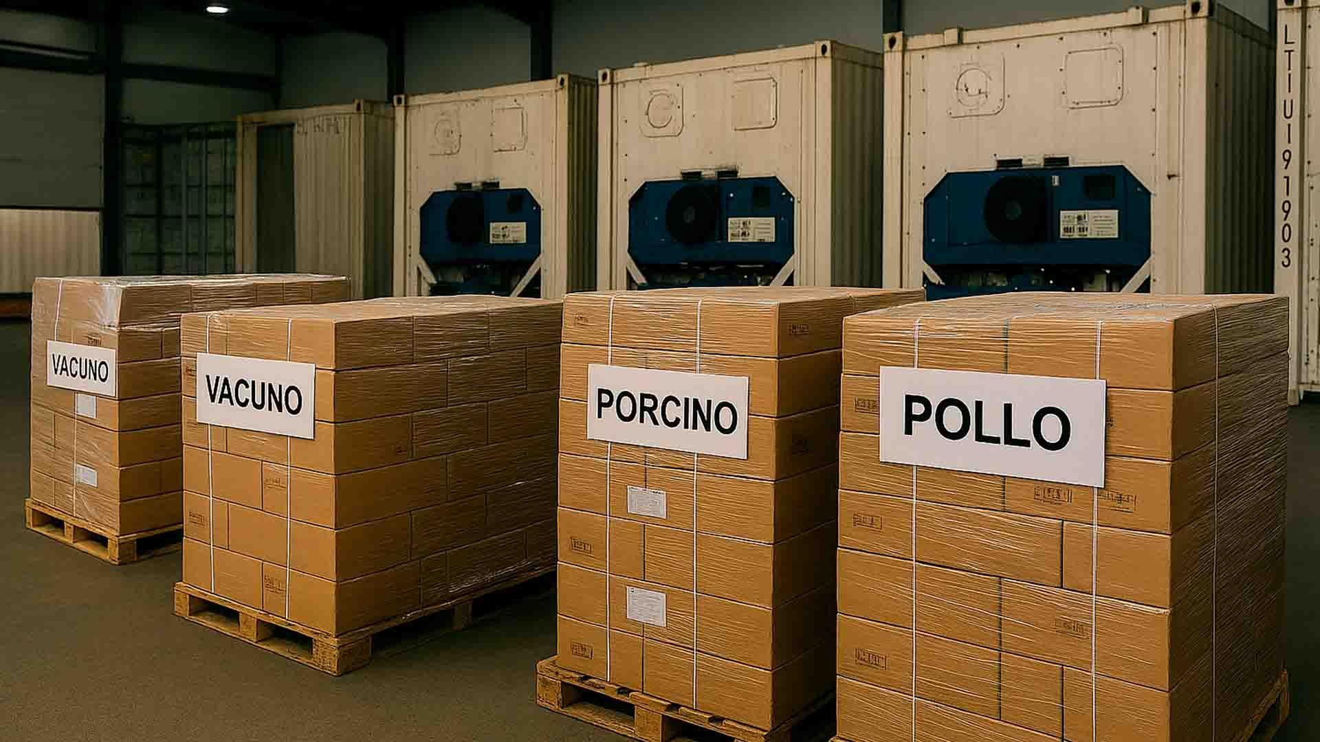 Cajas de carne etiquetadas como vacuno, porcino y pollo en almacén refrigerado.
