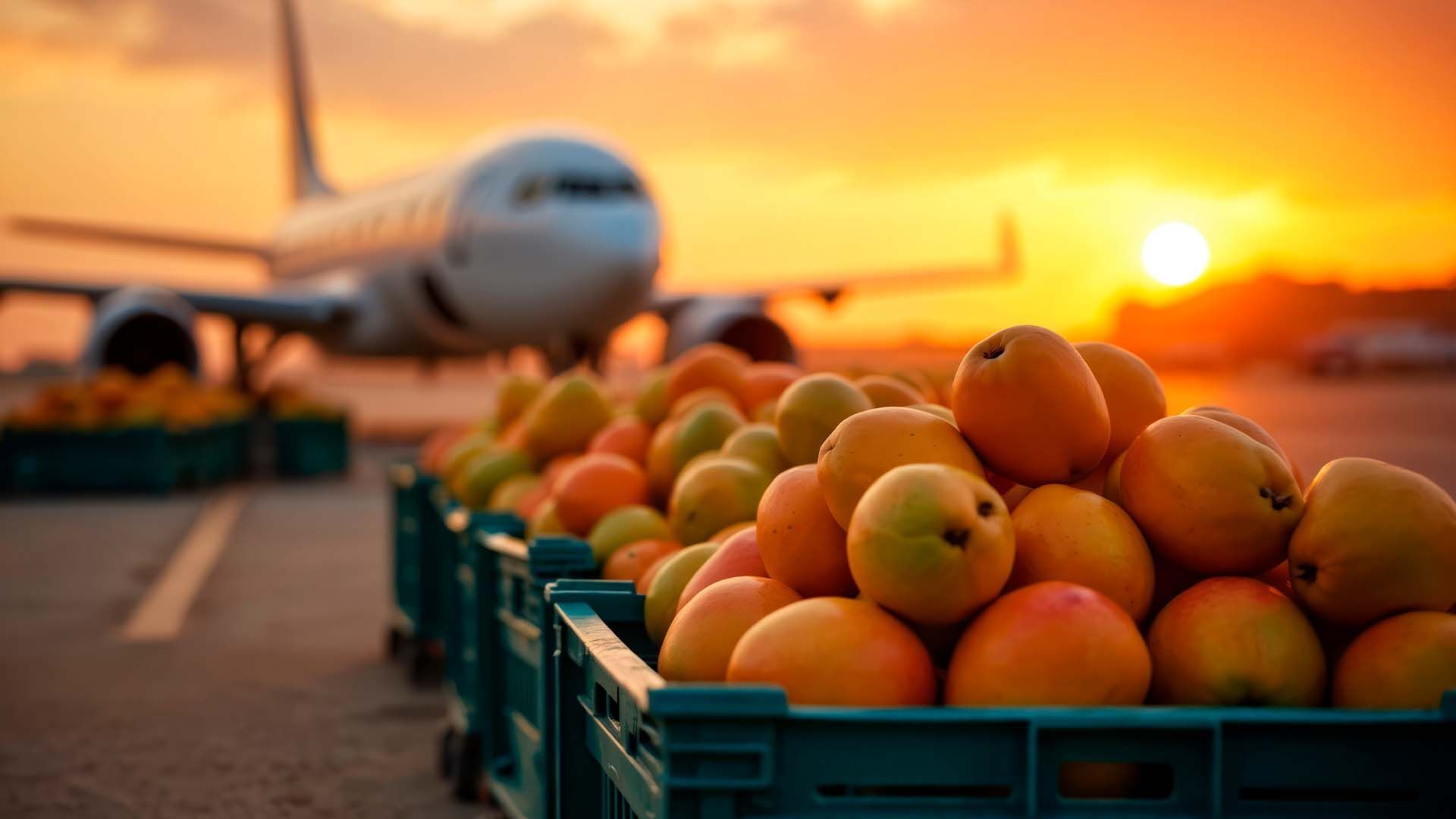 Cajas de plástico llenas de frutas frescas frente a un avión al atardecer.