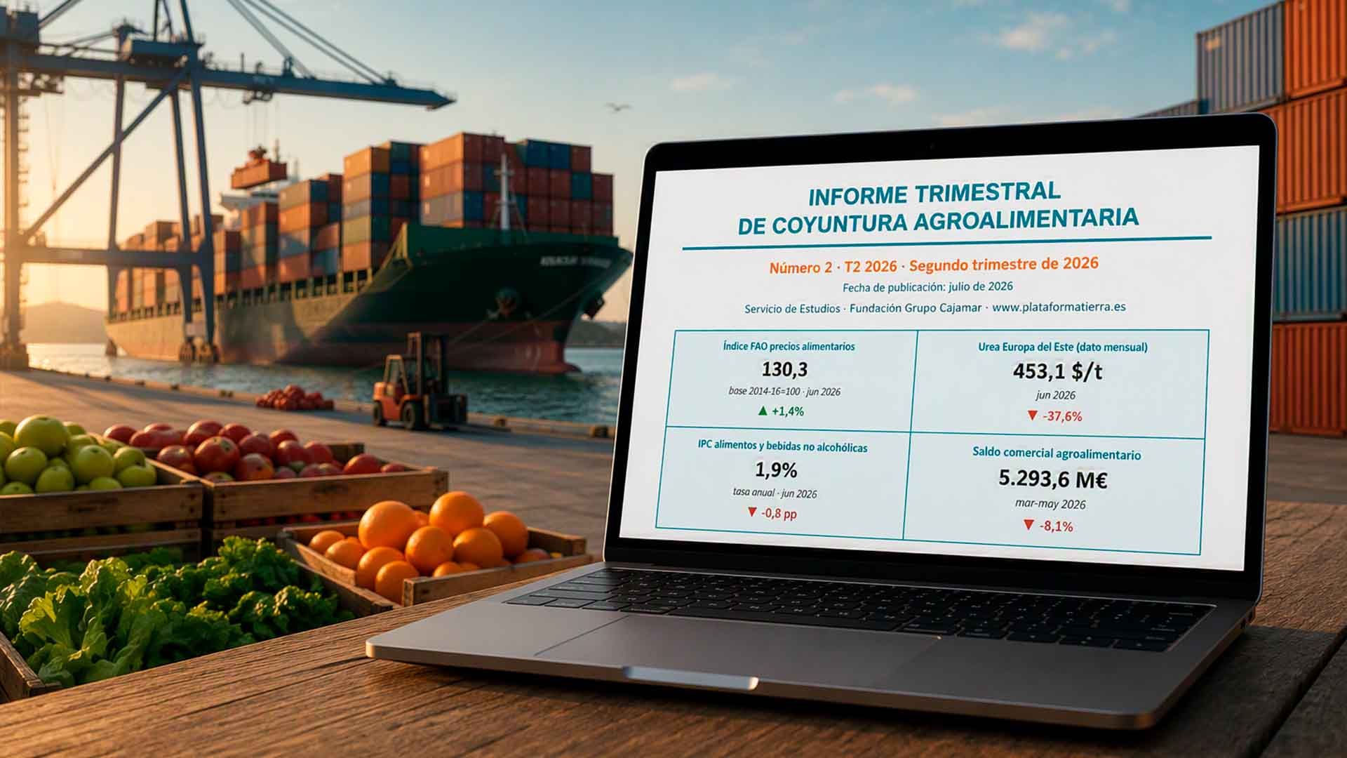 Un portátil muestra informe agroalimentario en un puerto con barco, grúa y productos frescos.