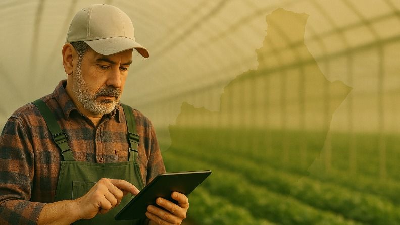 Hombre en vivero usando tableta, cultivo de fondo.