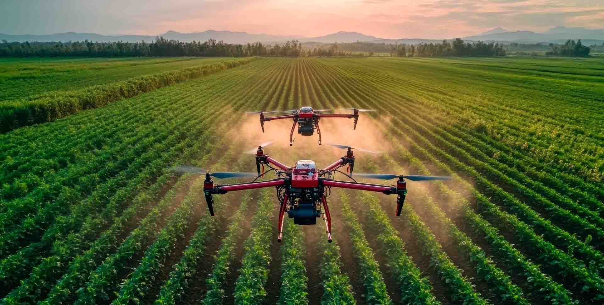 Drones de alta tecnología rocían nutrientes mejorados mediante biotecnología sobre un campo agrícola