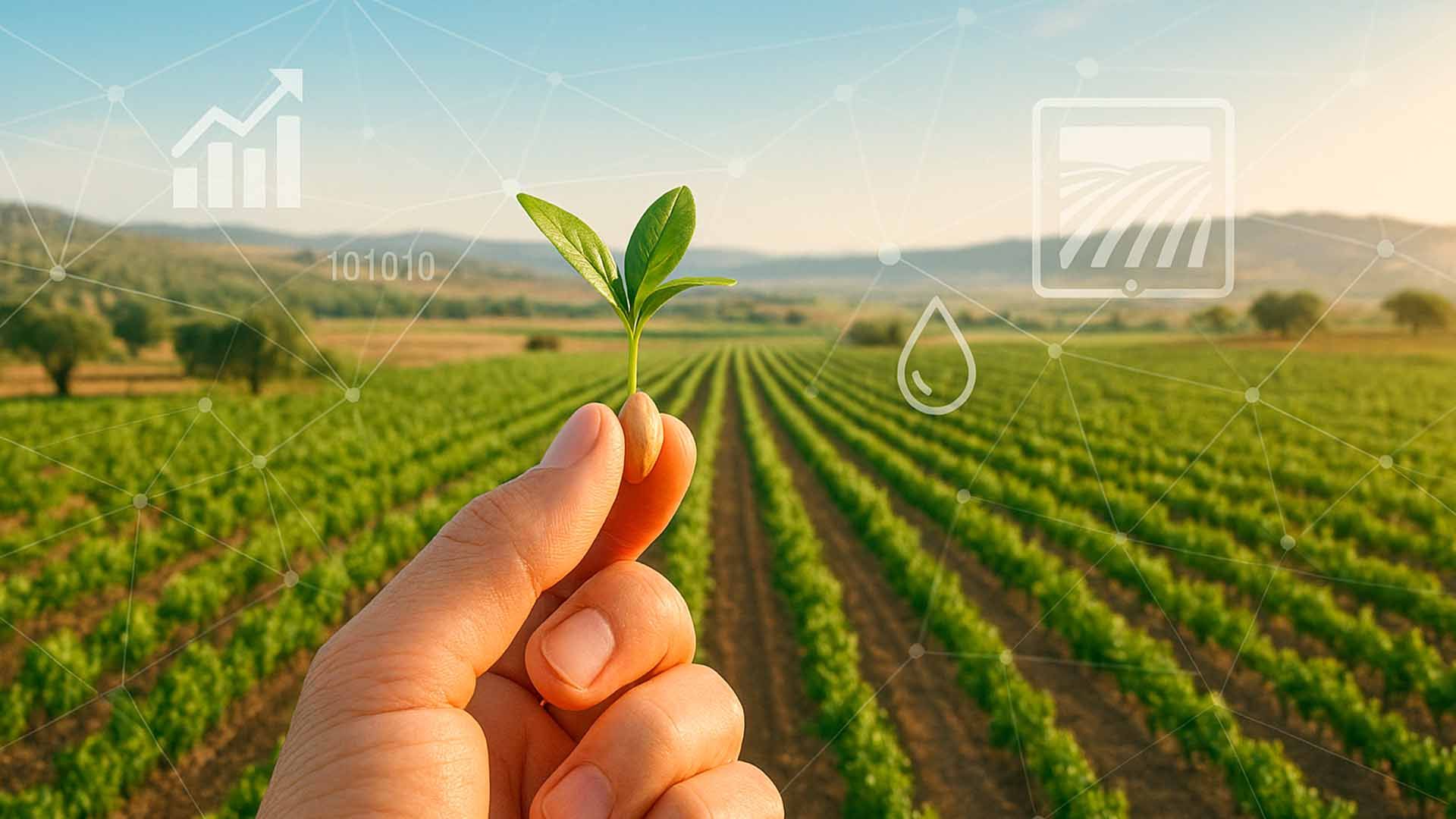 Man sosteniendo planta en campo con gráficos de tecnología agrícola.