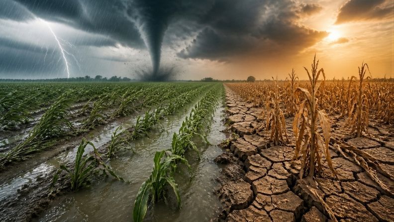 Campo de maíz dividido entre inundación por tormenta y sequía extrema con suelo agrietado, representando los fenómenos climáticos opuestos que afectan a la agricultura