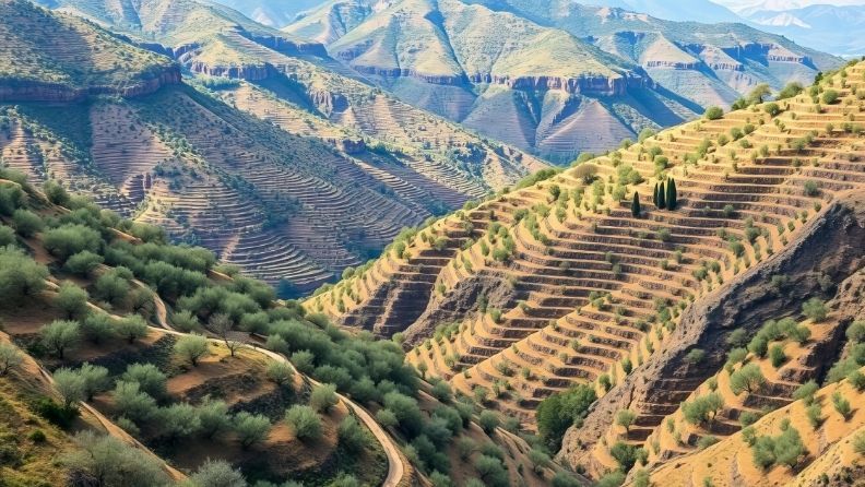 Vistas panorámicas de montañas aterrazadas con olivos y camino serpenteante.