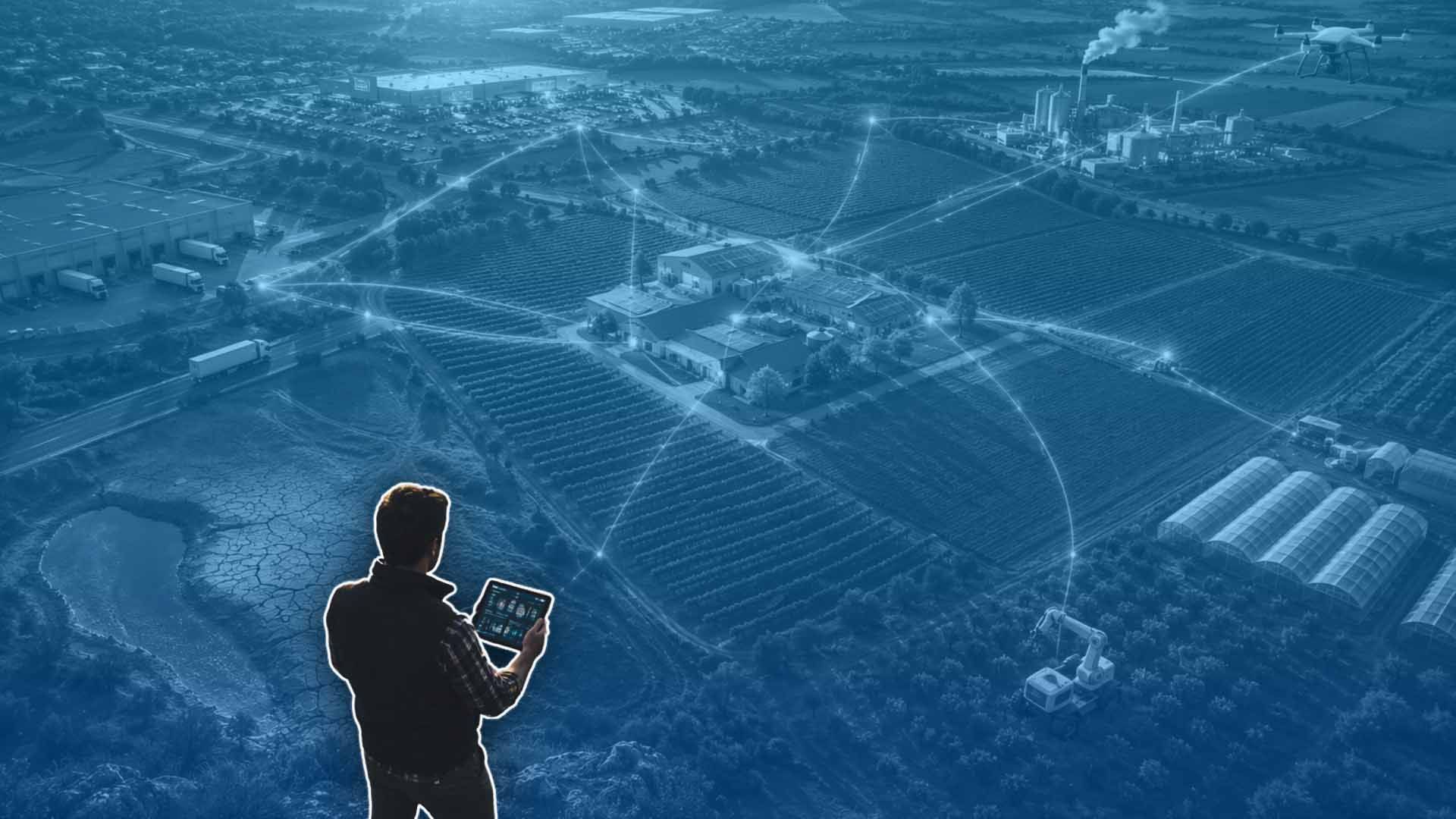 Aquí tienes una descripción:

Vista aérea de agricultura e industria inteligente, con drones, conectividad y hombre controlando desde tableta.
