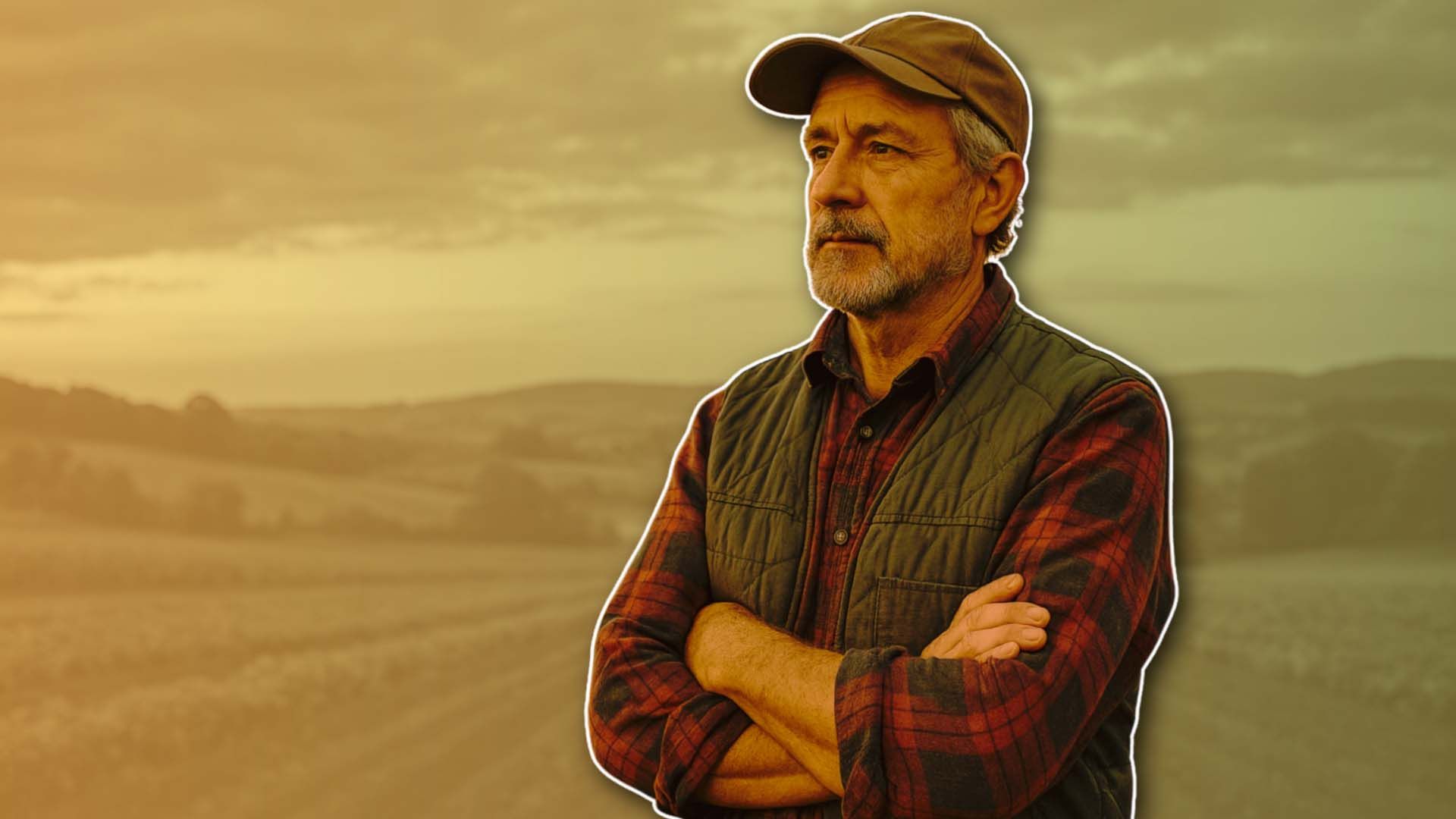 Un agricultor veterano mira al horizonte.