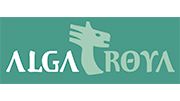 Logotipo de "ALGA ROYA" con cabeza de animal estilizada sobre fondo verde azulado.
