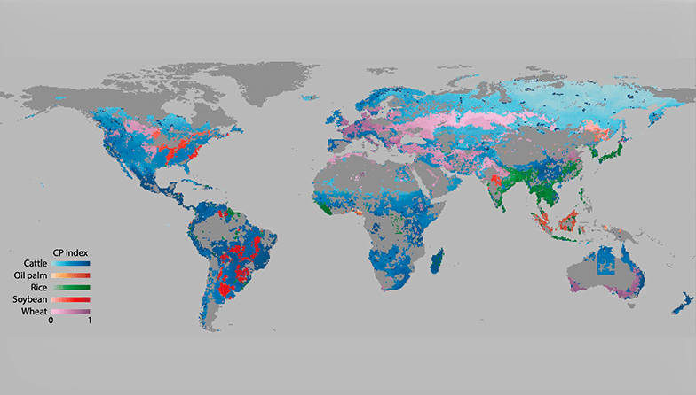 Mapa que representa el índice de prioridad de uso y conservación de la tierra para los principales productos agrícolas.