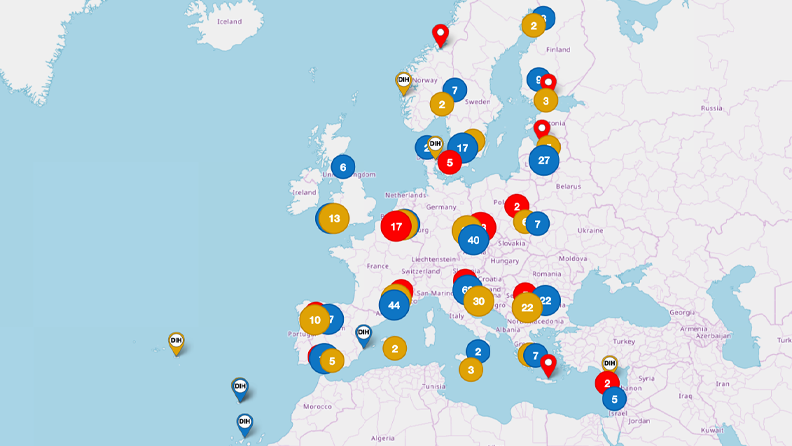 Mapa con los hubs de innovación reconocidos por la Comisión Europea.