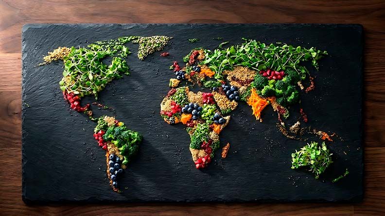 Mapa del mundo de comida saludable sobre pizarra negra.
