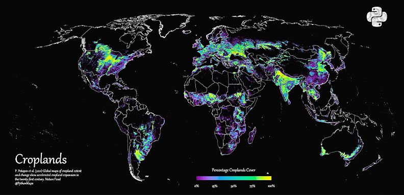 Mapeo de la cobertura de tierras de cultivo en todo el mundo. Fuente: Visual Capitalist