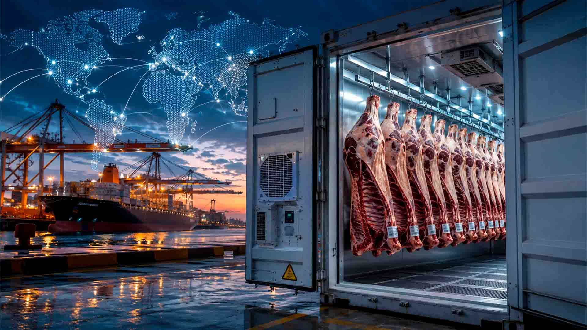 Un contenedor de transporte de carne en un puerto, con un mapa mundial de fondo.