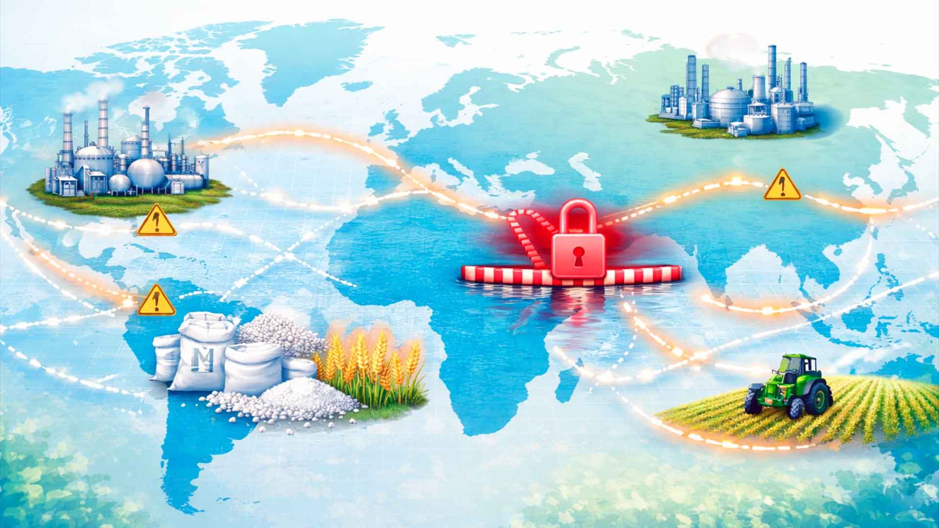 Mapa mundial con industria, agricultura y bloqueo rojo.