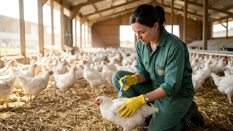 Veterinaria vacunando a un pollo broiler en una granja avícola frente a la enfermedad de Newcastle