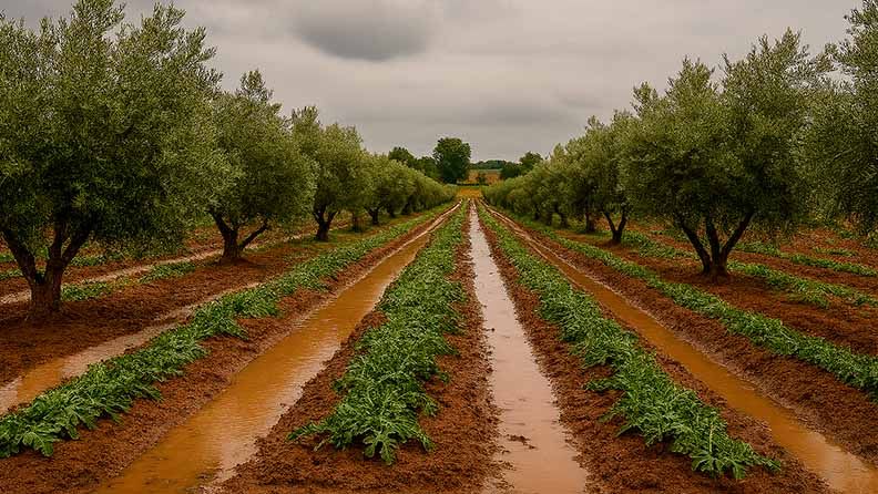 Campo de cultivo con árboles y surcos mojados bajo cielo nublado.