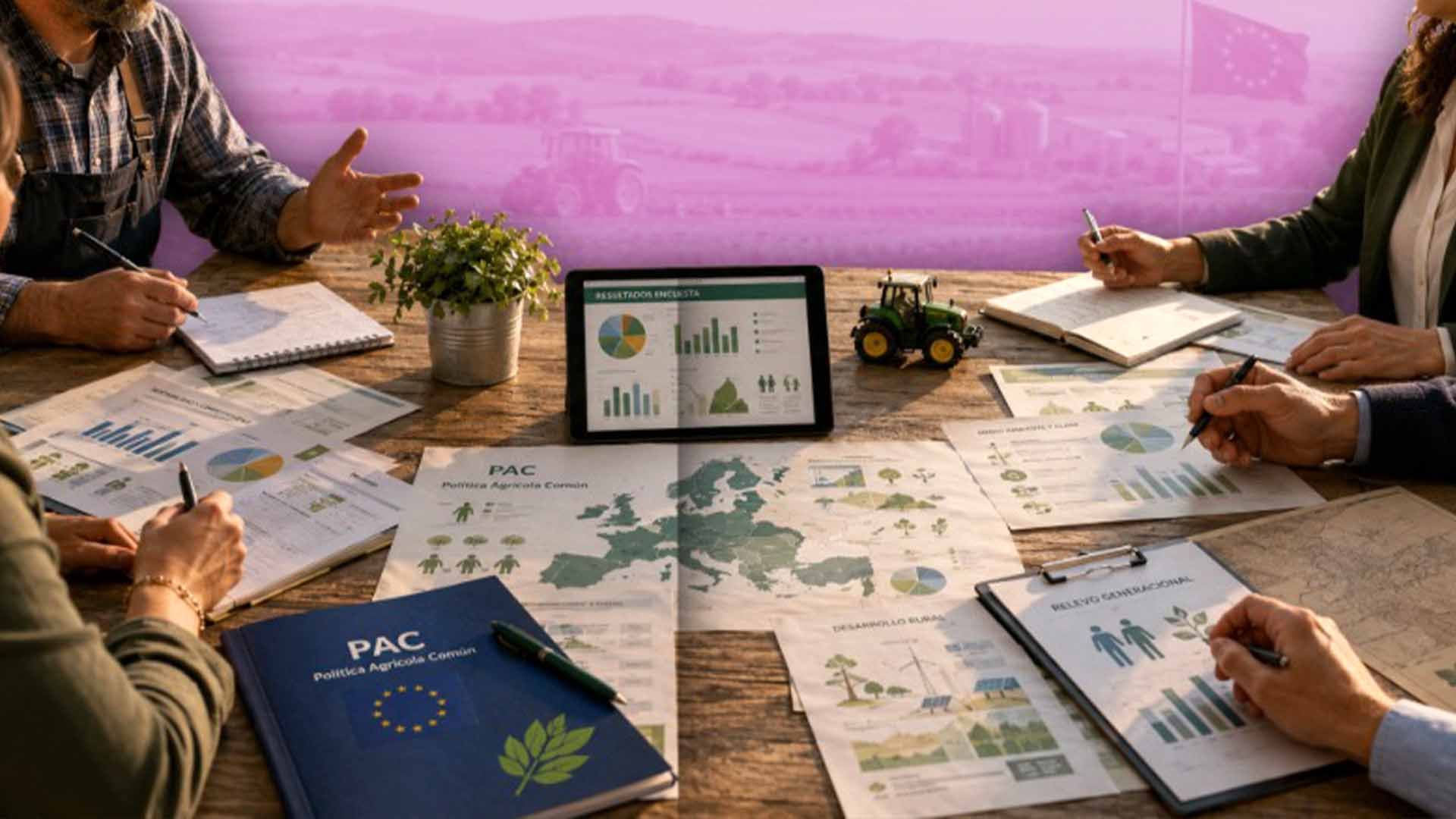 Personas analizan datos y políticas agrícolas de la UE en mesa, con fondo rural.