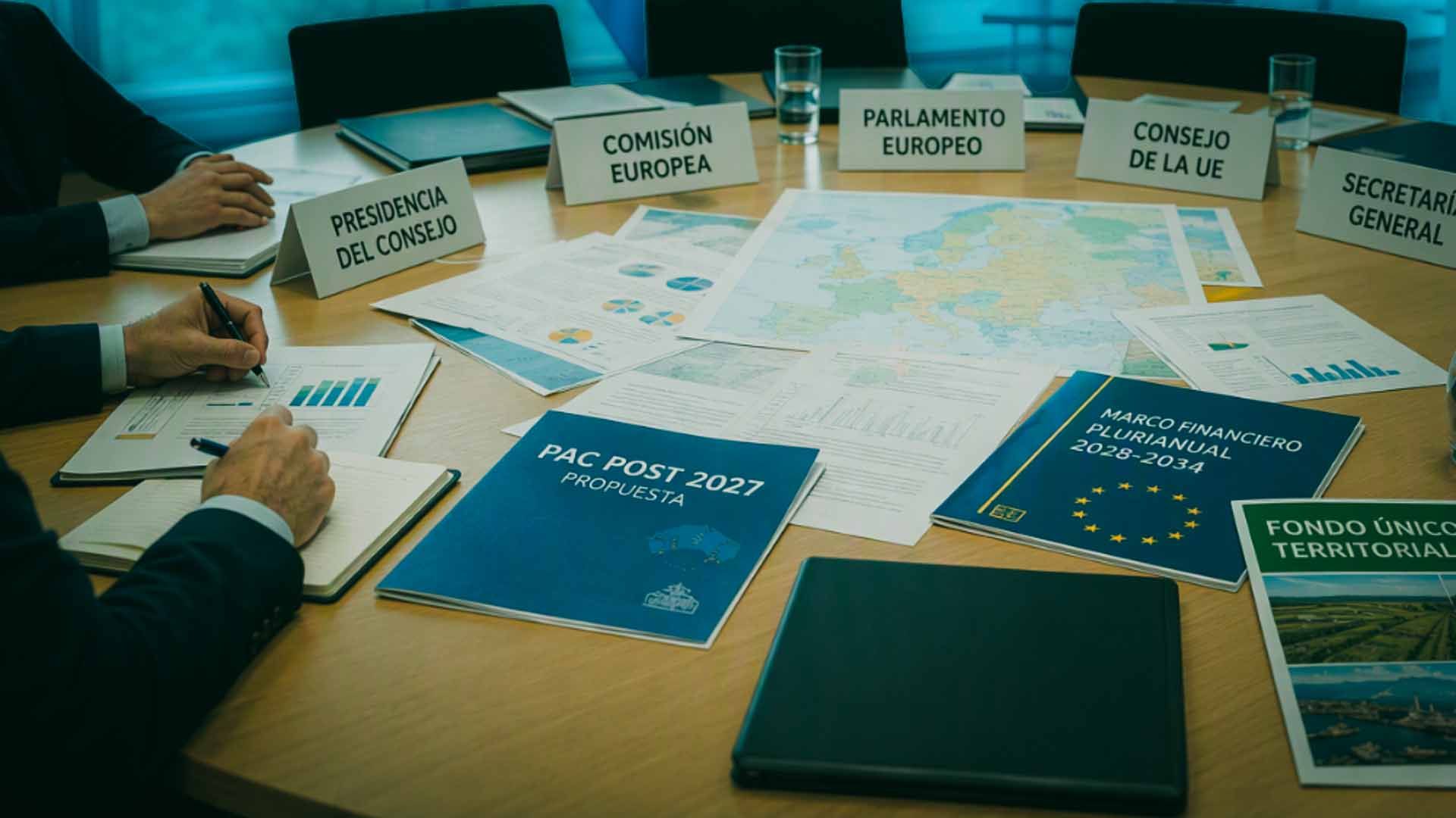 Reunión de la Unión Europea con documentos estratégicos, mapas y participantes escribiendo.