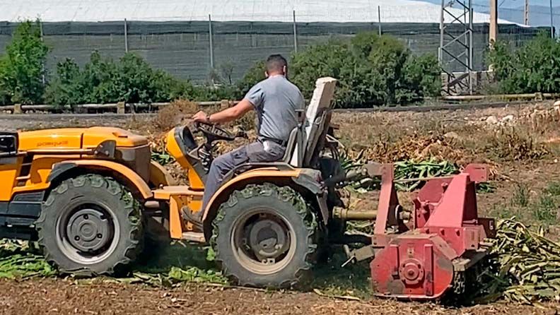 Agricultor maneja tractor amarillo con apero rojo en el campo.
