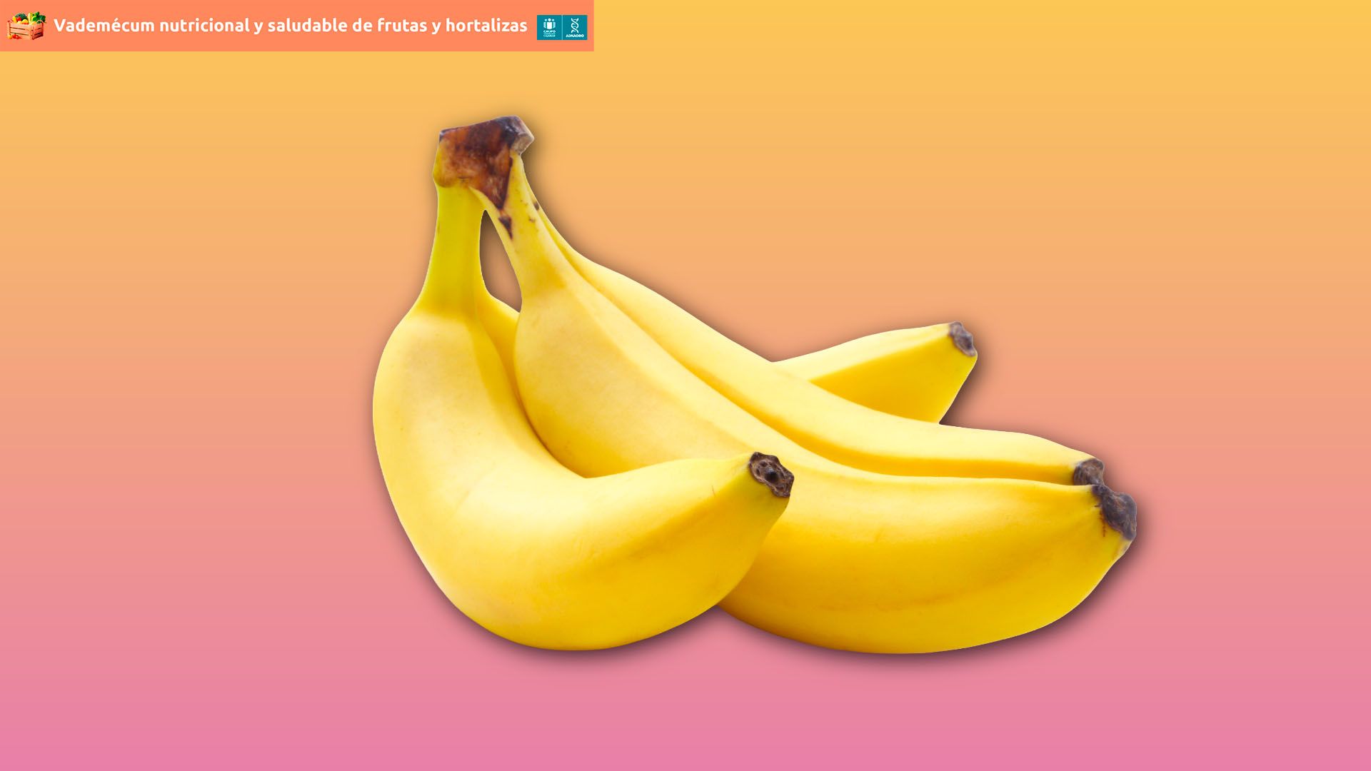 Un racimo de plátanos amarillos sobre un fondo degradado naranja y rosa.