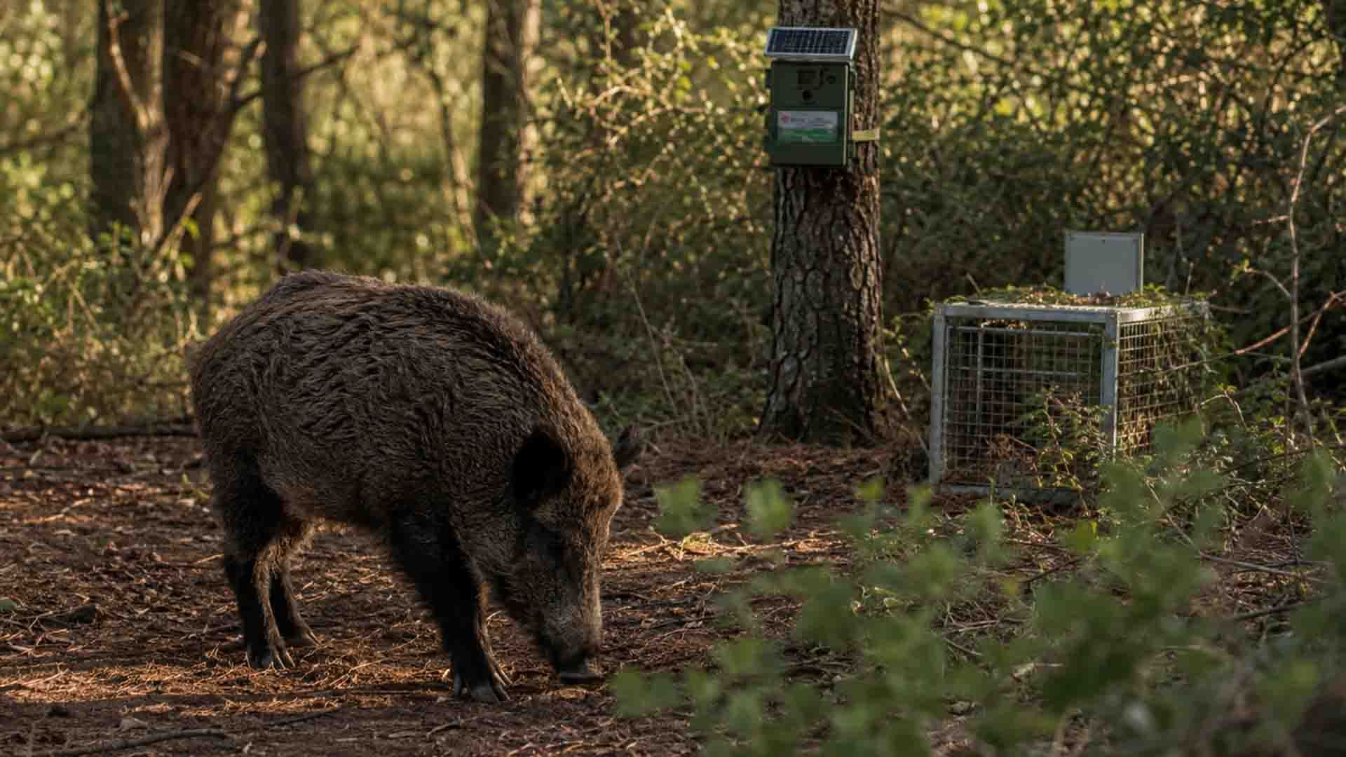 Jabalí forrajea en el bosque, junto a una trampa y cámara solar.