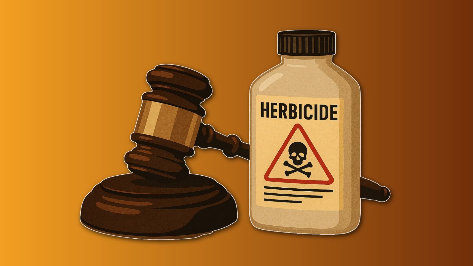 Un mazo de juez junto a un frasco genérico de herbicida.