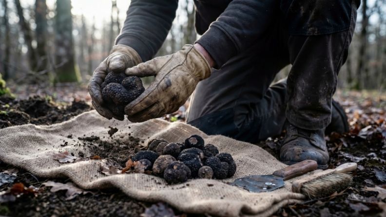 Recolección artesanal de trufa negra con guantes y herramientas tradicionales